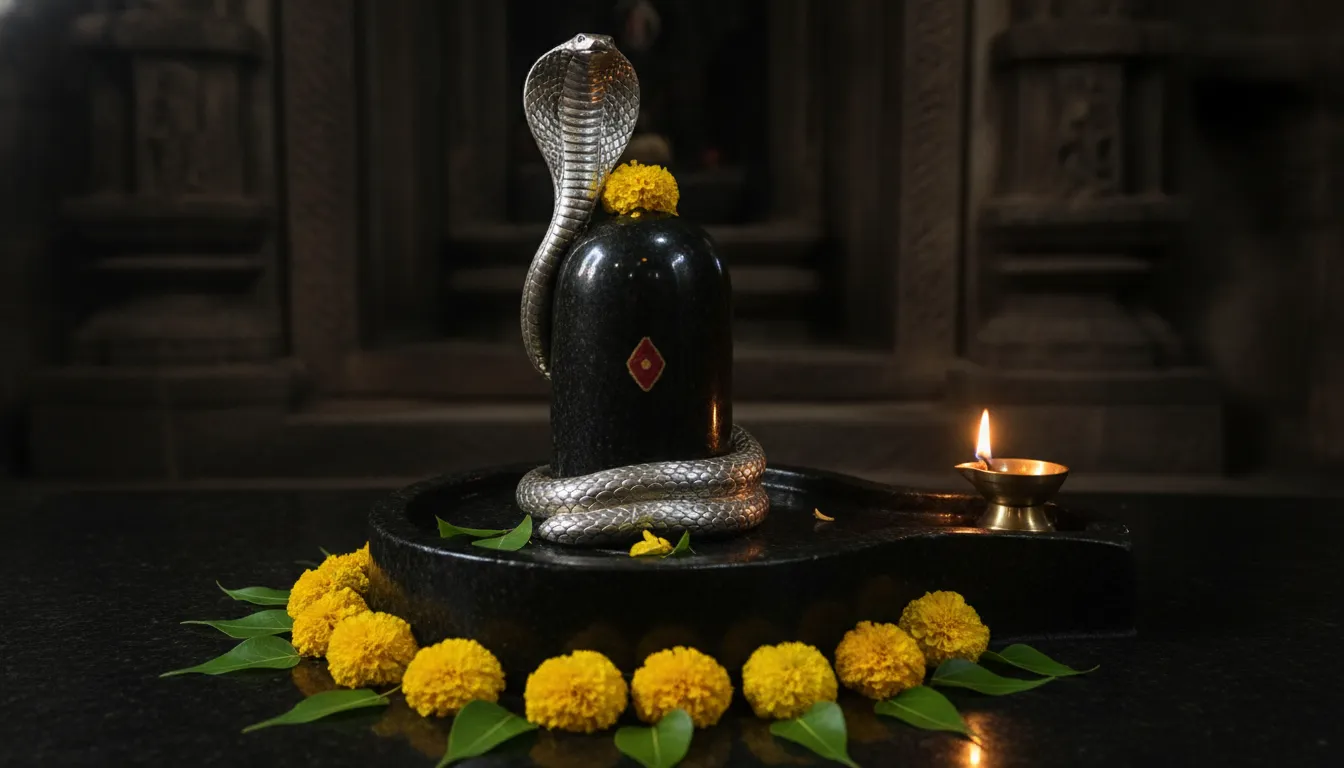Black granite Shivling placed in a temple sanctum with a silver snake coiled around it.