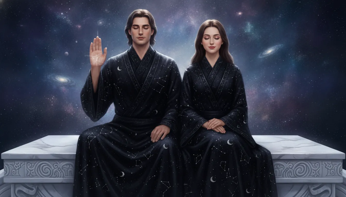 3D digital art of a divine couple in serene black attire offering blessings.
