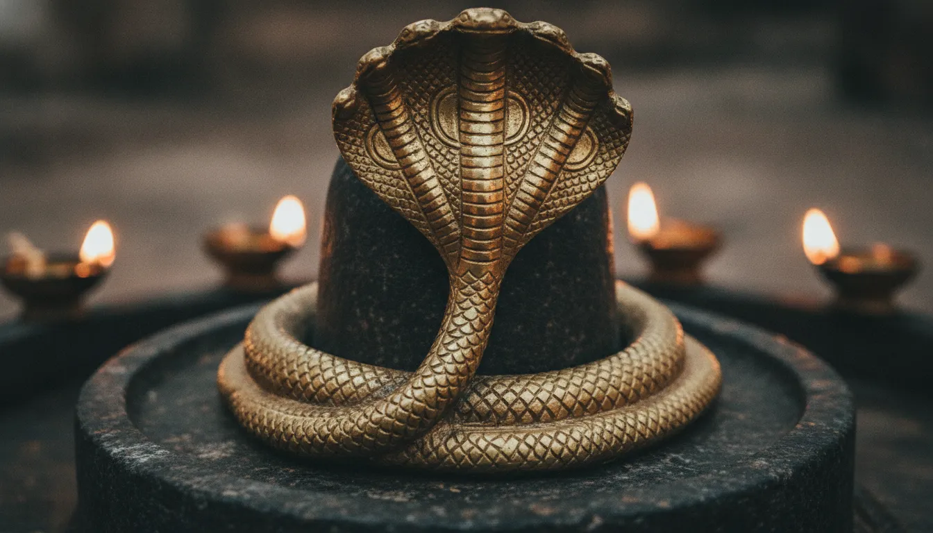 Detailed artistic representation of the coiled brass cobra snake structure shielding the image of pashupatinath shivling nepal.