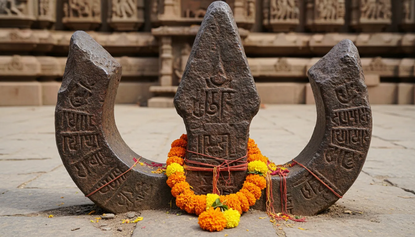 Close-up photo of Lord Shiva's broken sacred trishul tridents at Sudh Mahadev Temple.