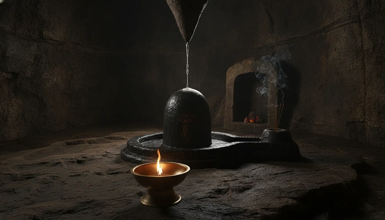 A holy Shivling situated inside a natural stone cave lit by a single spiritual flame or diya.