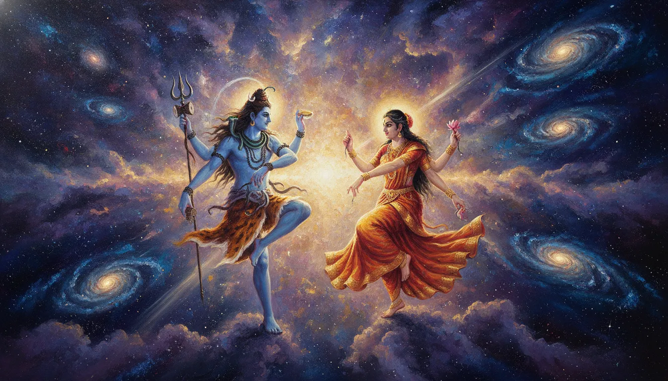 Abstract cosmic art of Shiva and Parvati dancing in the universe