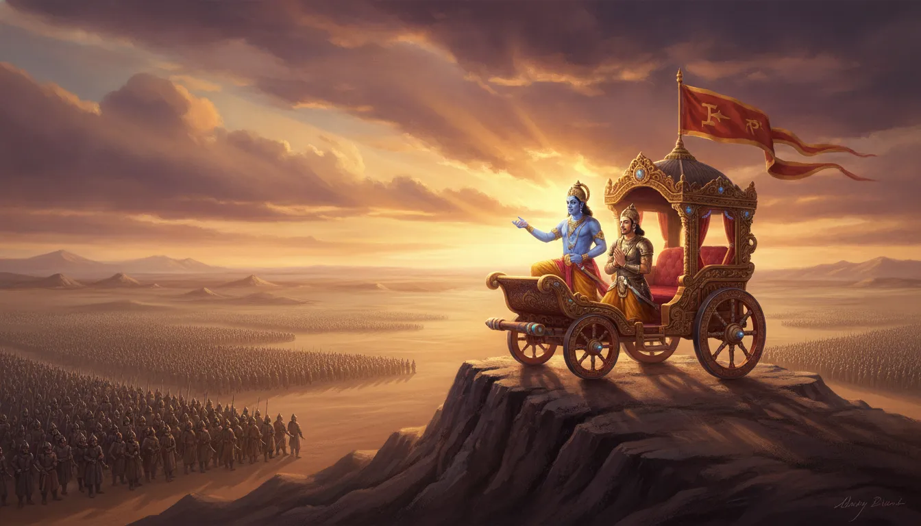 Detailed digital art of a blue-skinned king guiding a warrior prince on a massive battlefield chariot with flags.