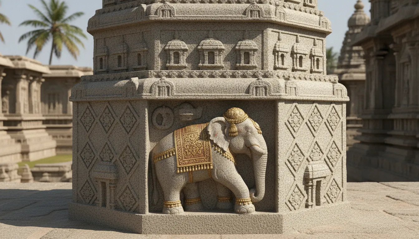 The base of an ancient temple pillar displaying a detailed relief carving of a decorated elephant carrying a ceremonial canopy.