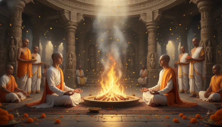 Two devotees sitting near a sacred fire during a ritual ceremony inside a stone temple.