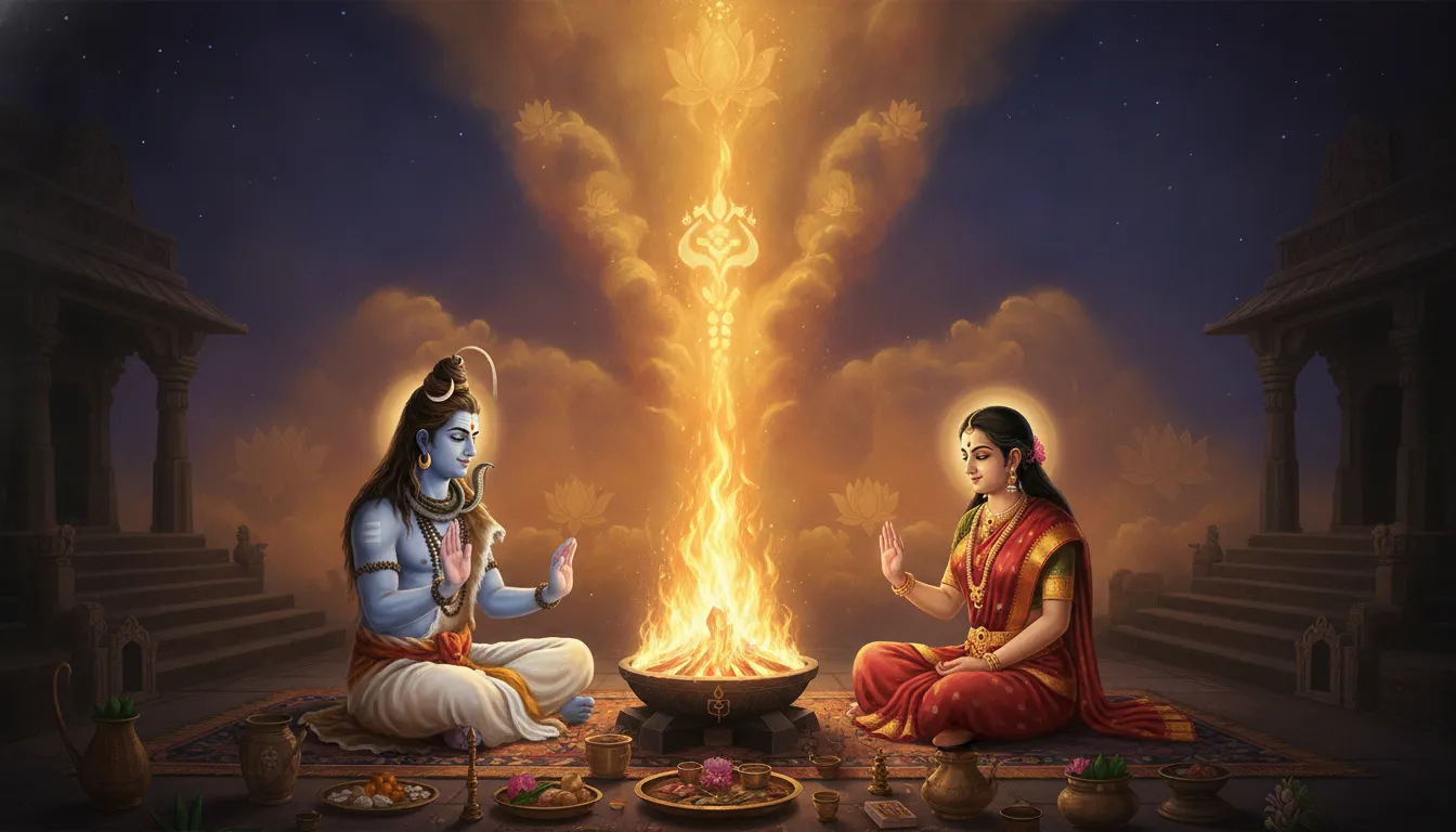Artwork of Shiva and Parvati performing a holy ritual with golden flames rising