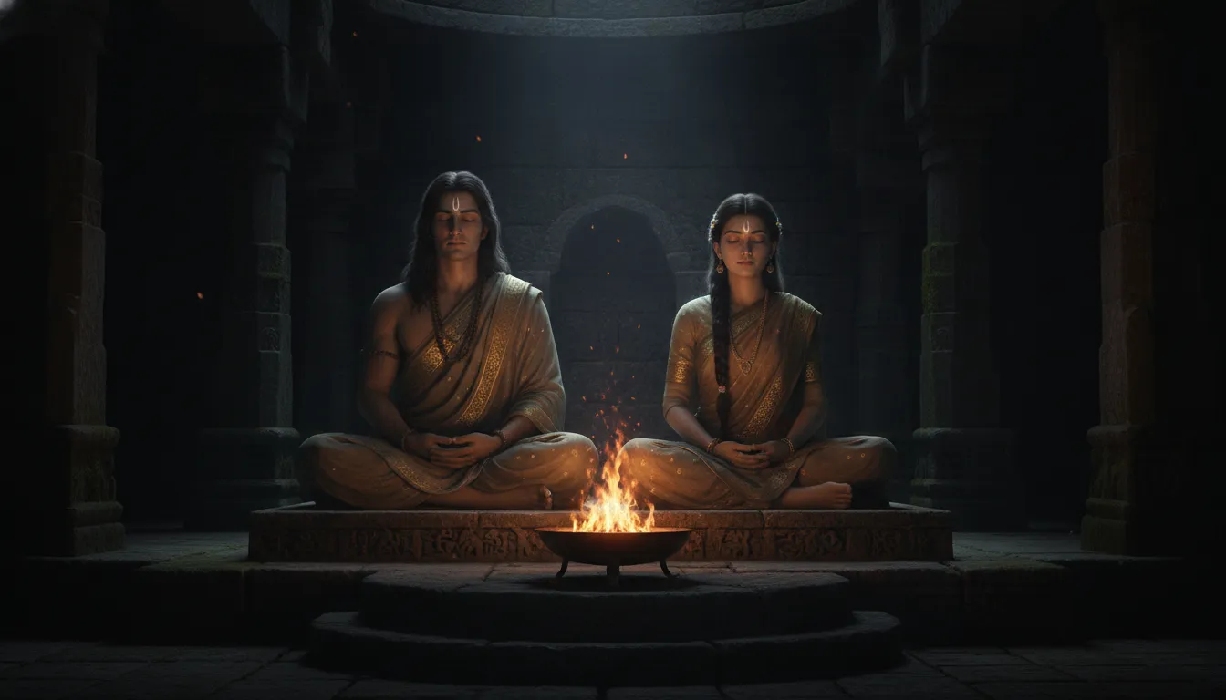 Meditative divine couple sitting peacefully in front of a small sacred fire ritual inside a stone temple sanctum