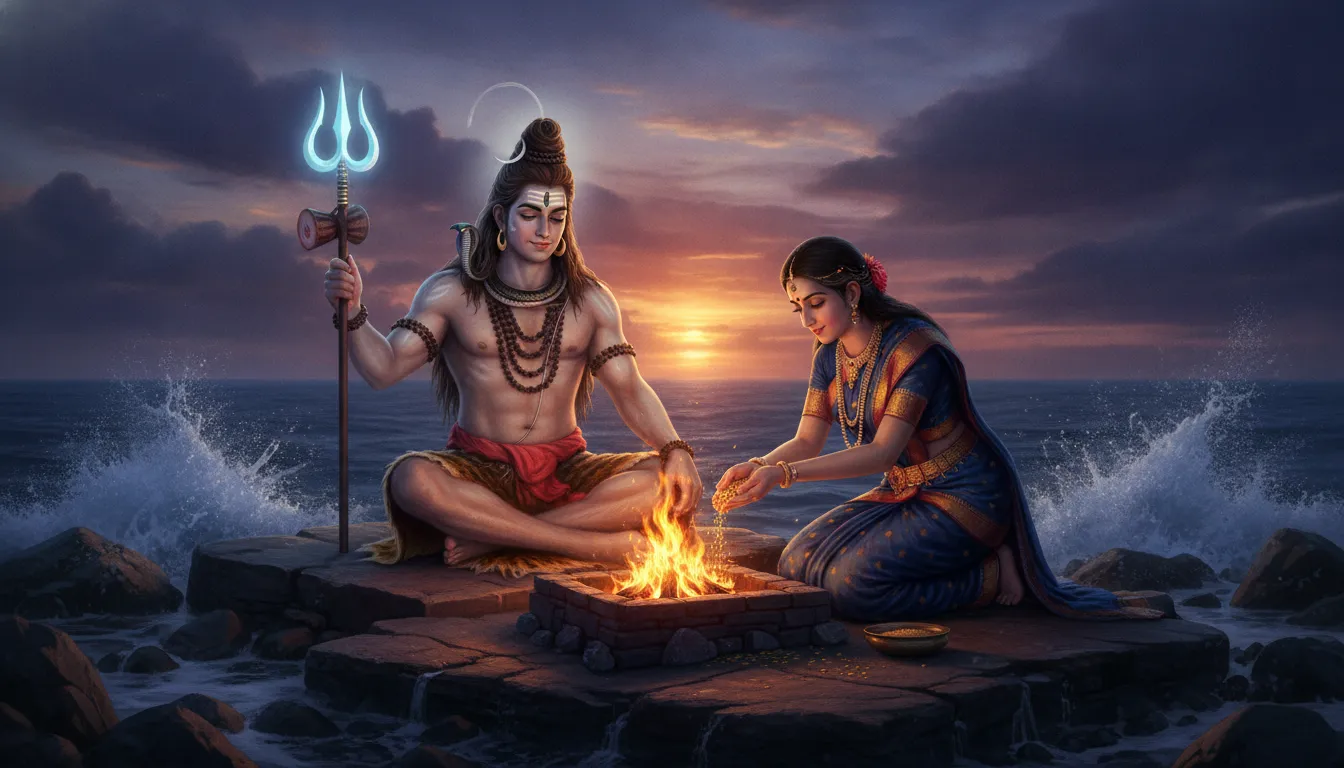 Shiva and Parvati performing an arti fire ritual on ocean rocks at sunset