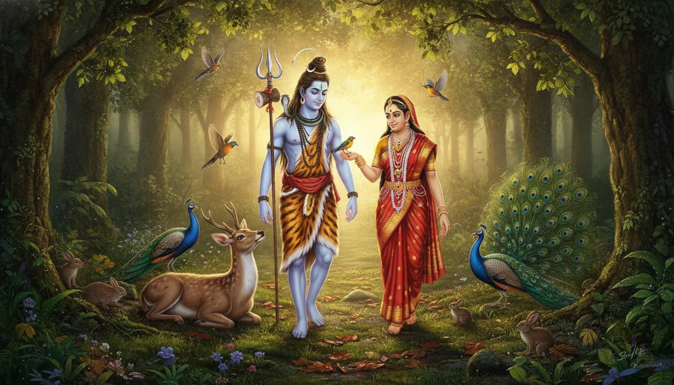 Deer and birds gathering around Shiva and Parvati in forest at sunrise