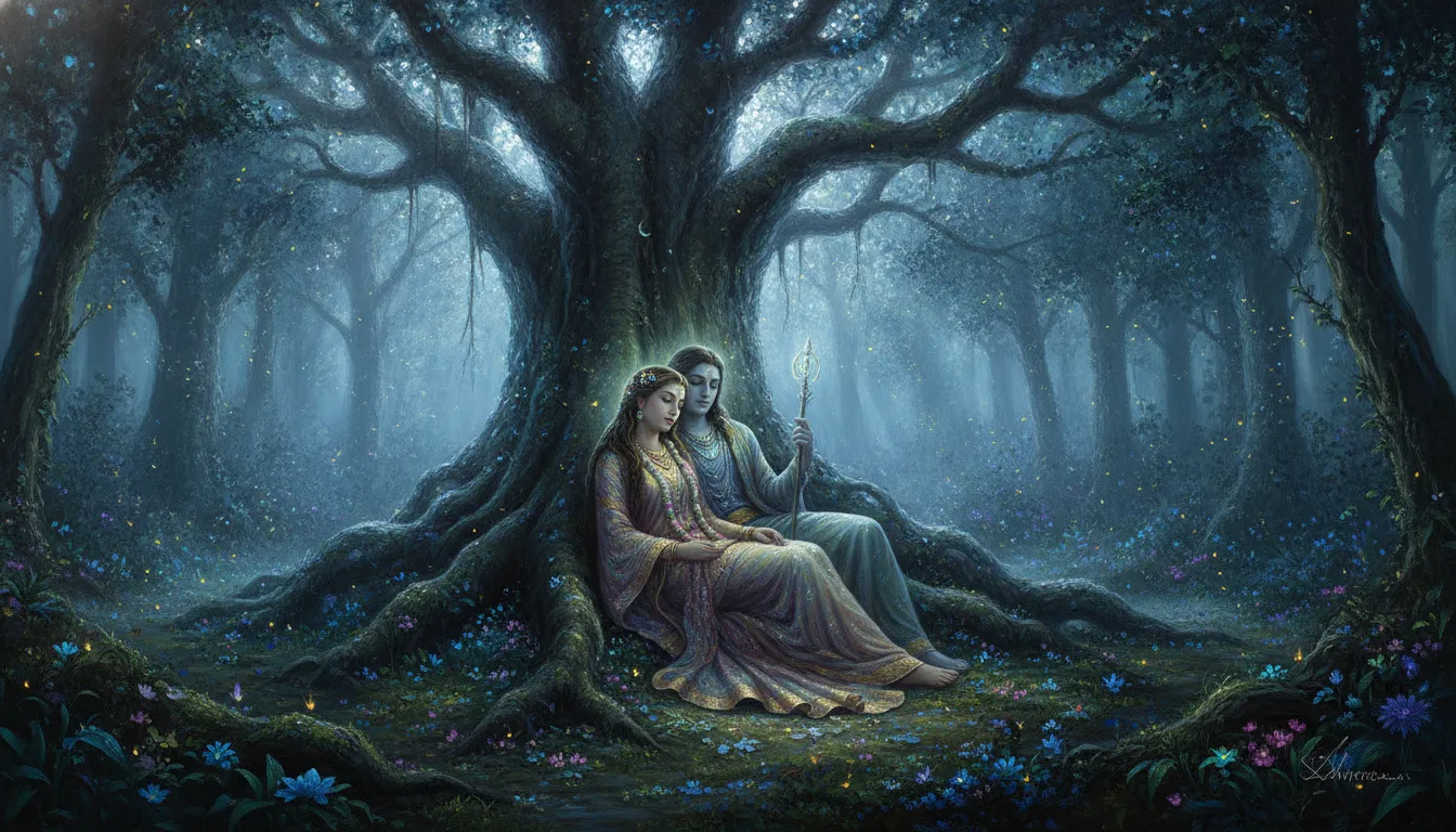 A devotional couple sitting beneath an ancient banyan tree in a glowing moonlit forest.