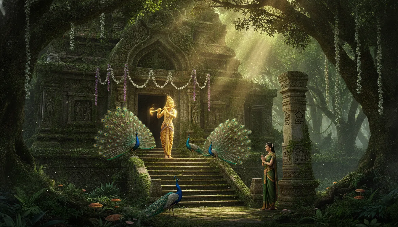 A divine flute player standing near an ancient stone temple entrance inside a lush green mystical forest.