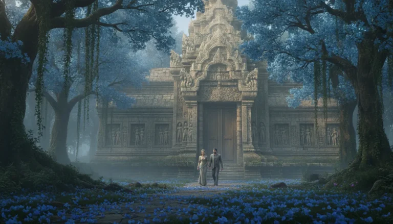 Divine couple walking toward a grand stone temple entrance in a dense flowering forest.