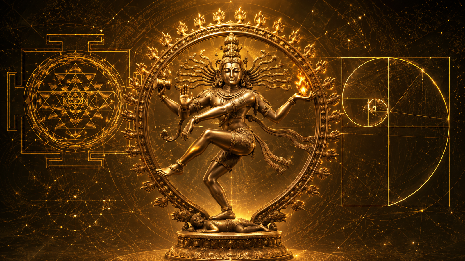 Spiritual artwork of Lord Shiva Nataraja integrated with golden ratio and sacred geometry symbols.