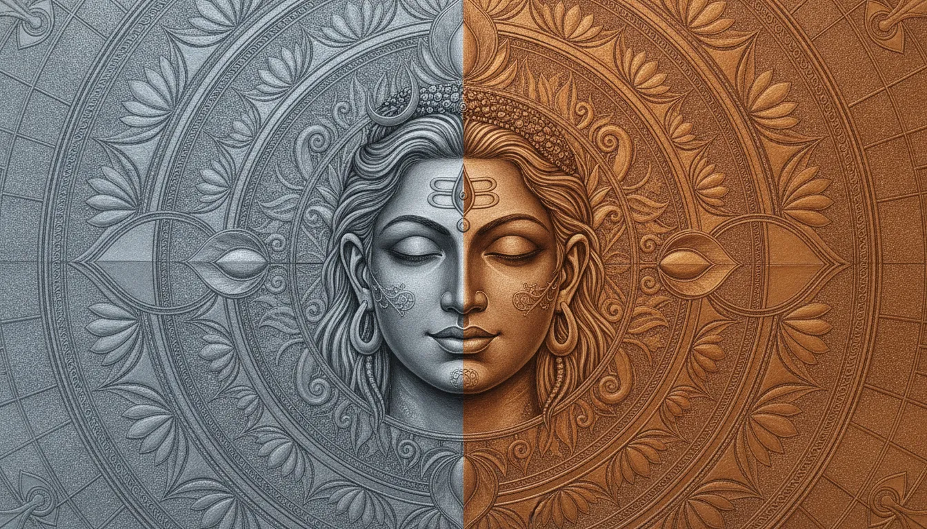 Symmetrical mandala artwork enclosing the dual faces of Shiva and Parvati