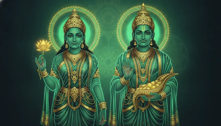 Traditional divine couple depicted with modern emerald green and gold neon lighting.