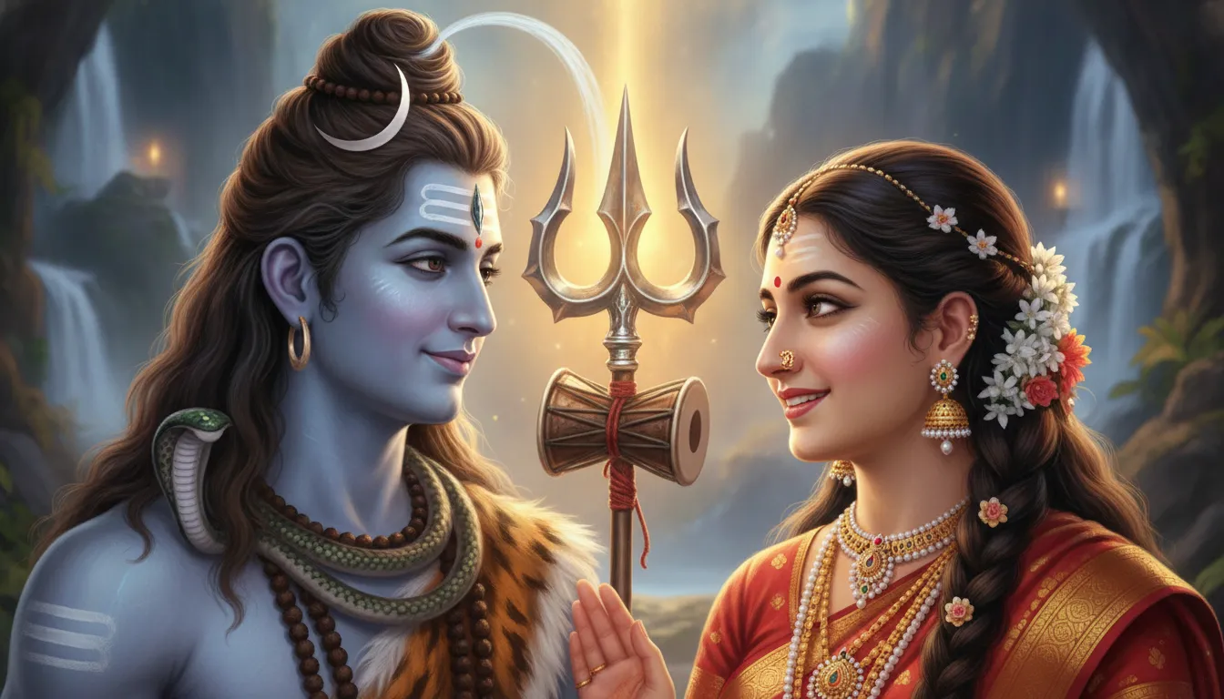 Close-up portrait of Shiva and Parvati with golden highlights and a glowing sacred trident.