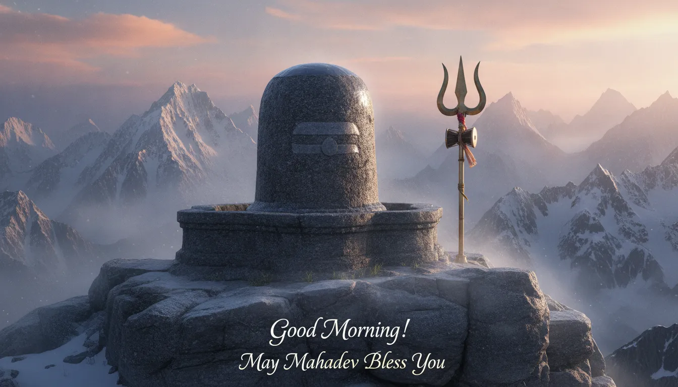 A majestic Shivling positioned against the backdrop of snow-capped Himalayan mountains at dawn.