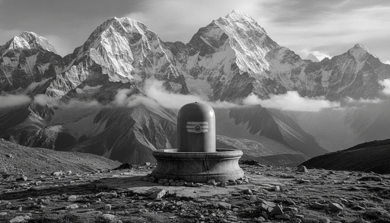 Majestic shivling image black and white set against the grand Himalayan mountains.