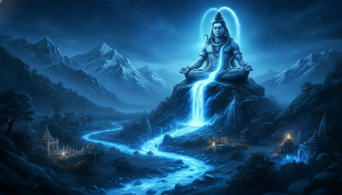 Goddess Ganga descending as a river of blue light from Lord Shiva's matted hair