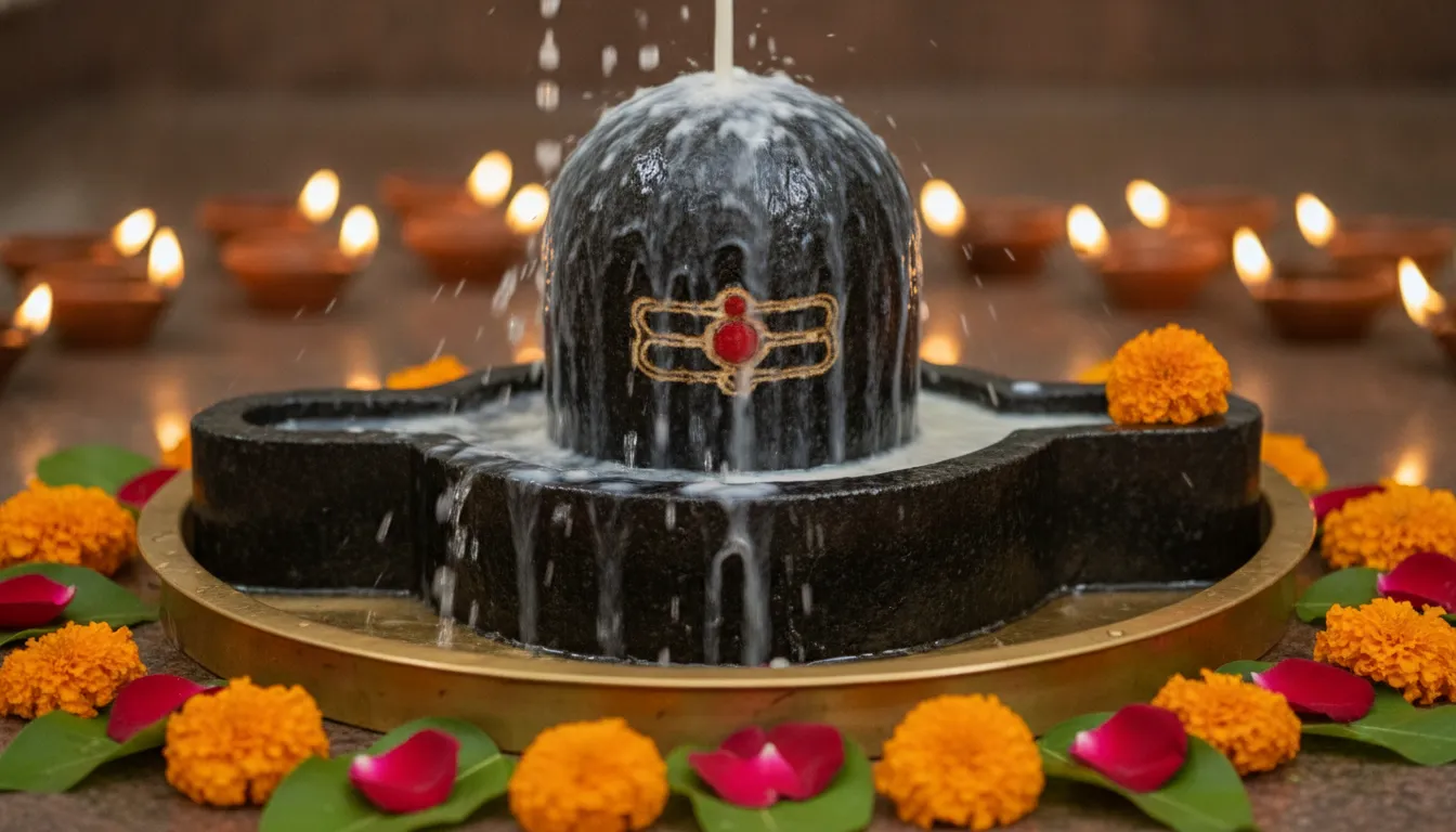 Detailed close up images of shivling in hd showing water and milk droplets pouring smoothly onto the sacred stone structure during a traditional morning puja.