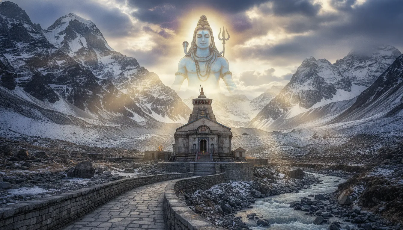 Har har mahadev hd photo featuring Kedarnath temple and a divine Shiva shadow in the clouds.