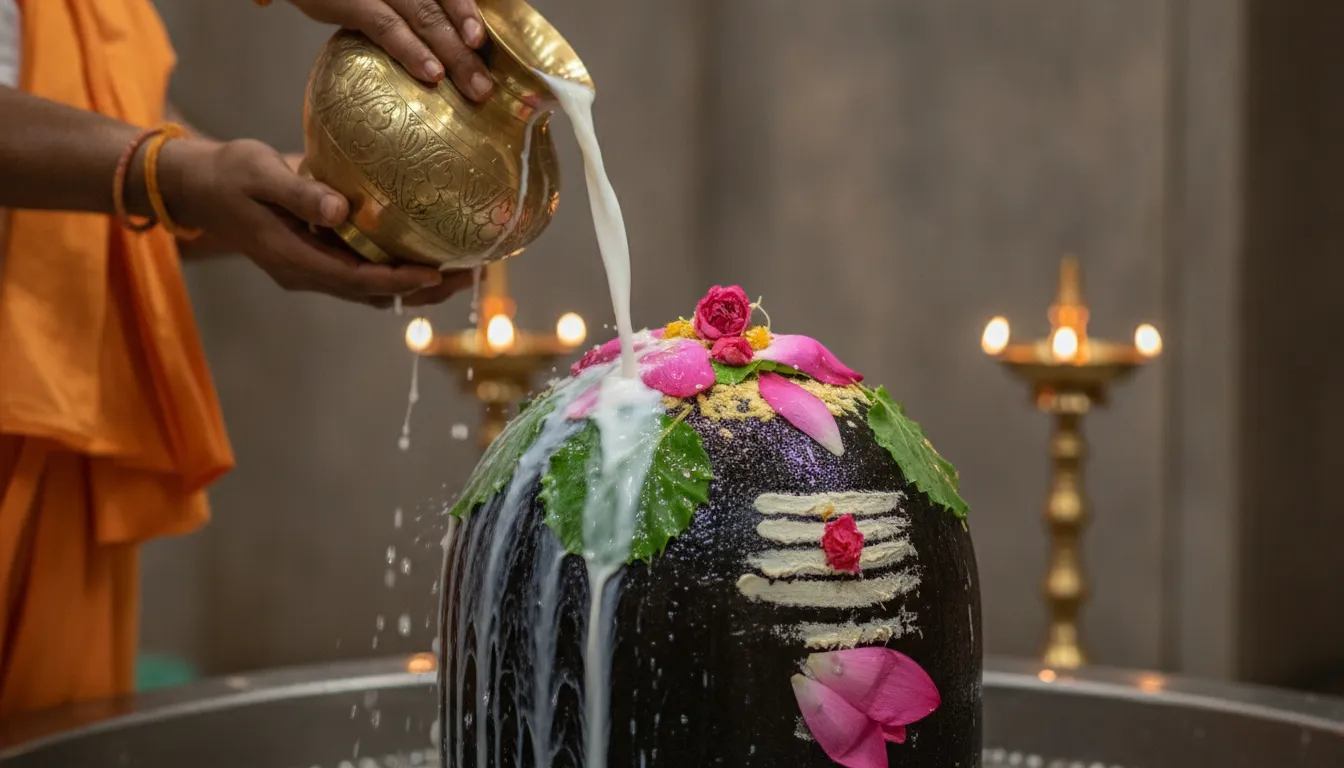Live Rudrabhishek ritual on Gola Gokarn Nath Shivling with milk water and flowers