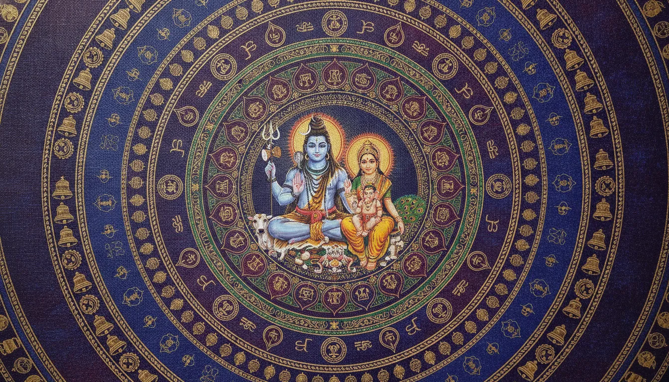 Sacred mandala art background with detailed central figures of Shiva, Parvati, Ganesha, and Kartikeya