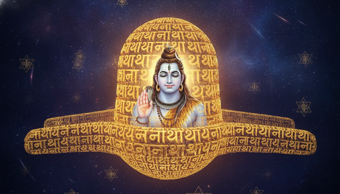 A calligraphic spiritual image of lord shiva in shivling with the holy Om Namah Shivaya mantra text surrounding the deity.