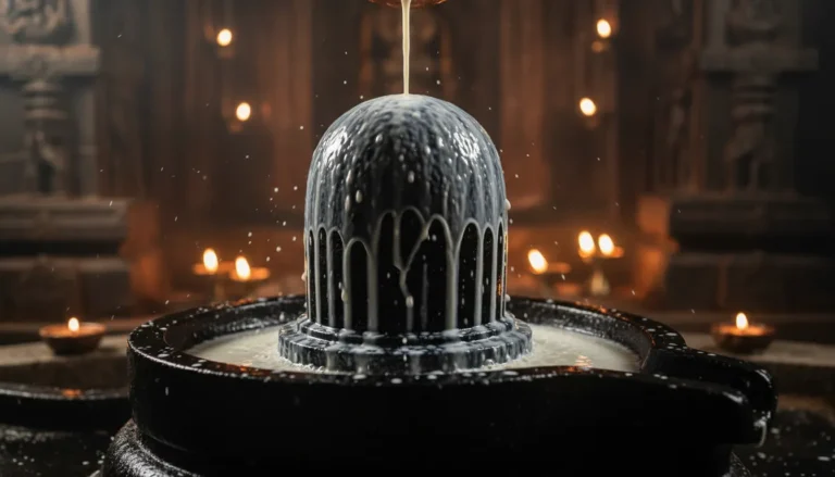 Original HD black stone Shivling undergoing sacred milk abhishekam with dynamic splashes.