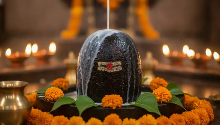 HD shivling images original with abishakam ceremony using pure milk in an ancient temple setting.
