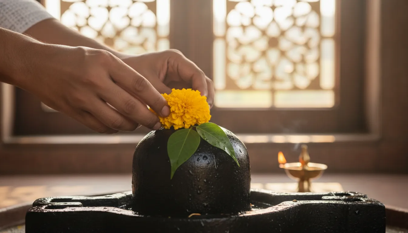 A close-up photograph showing a devotee placing fresh yellow marigold flowers and green bilva leaves on a black stone shivling during morning prayers.