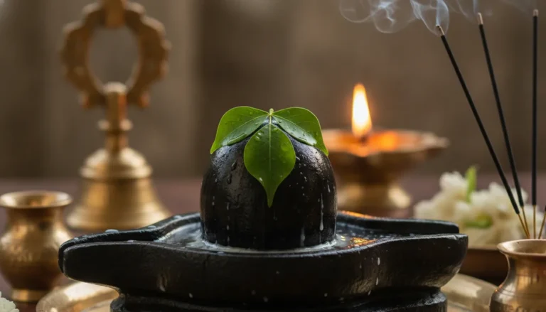 A sacred morning prayer setup featuring a stone image of shivling with bilva patra placed carefully on top during worship.