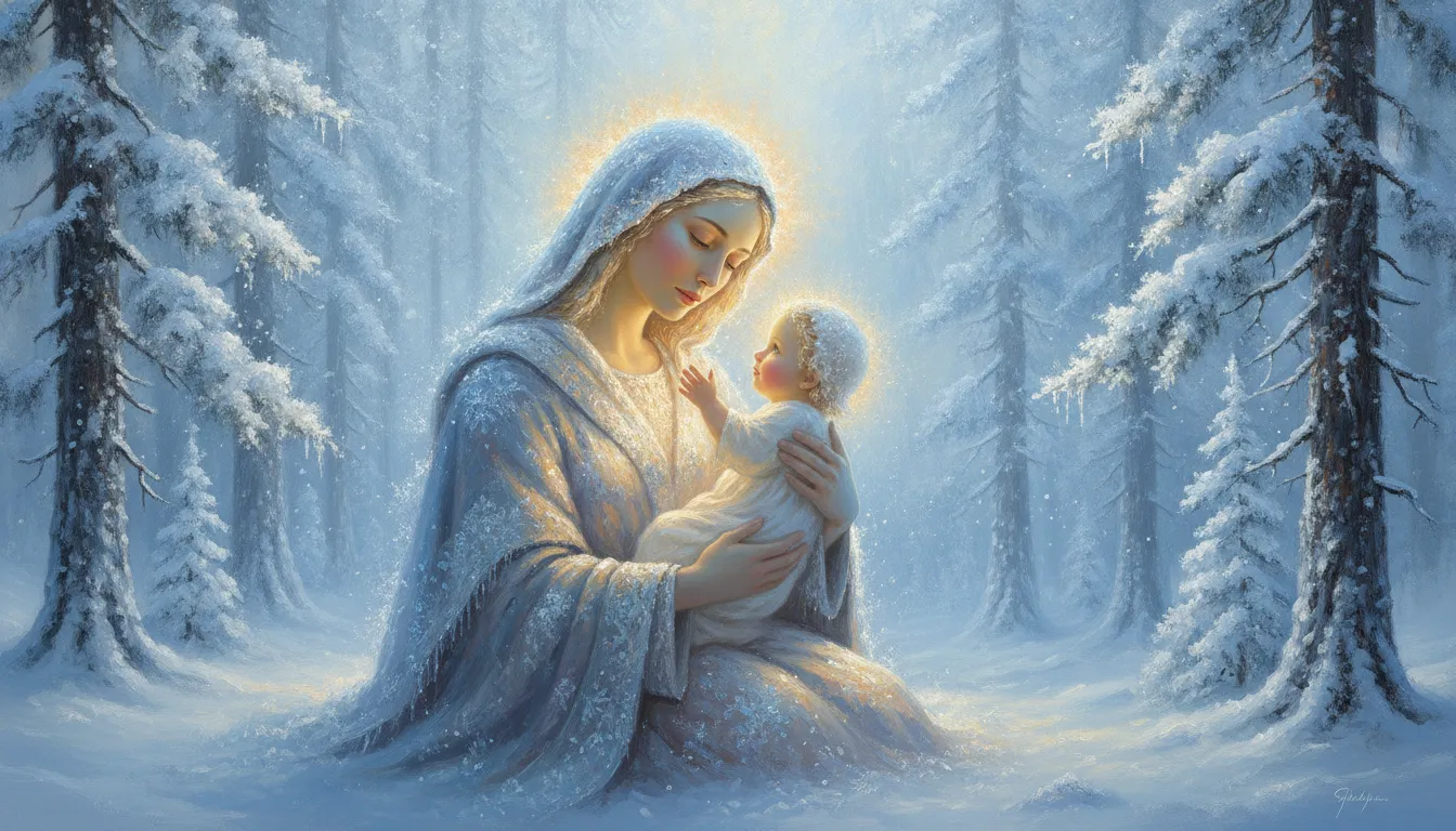 Sacred mother holding a glowing child in a frozen mountain forest