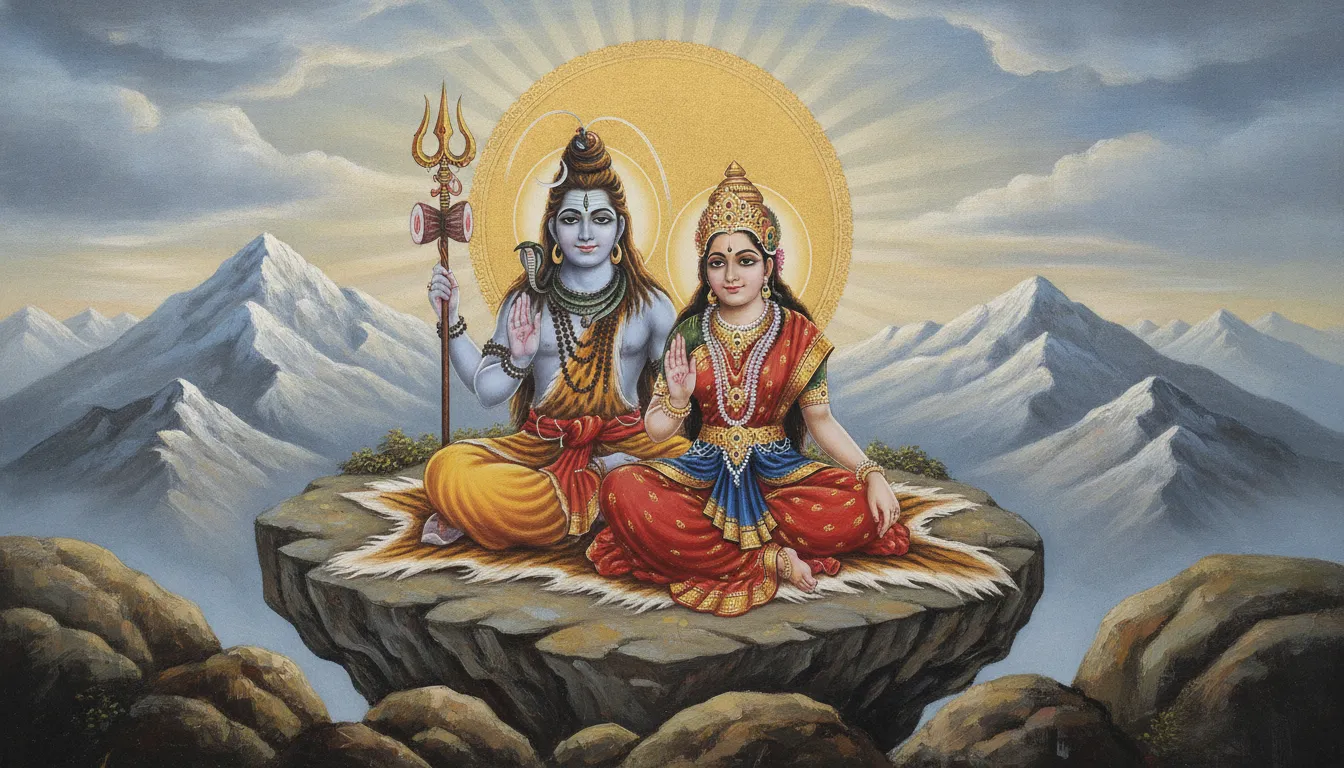 Painting of Shiva and Parvati blessing devotees on Mount Kailash with a golden aura