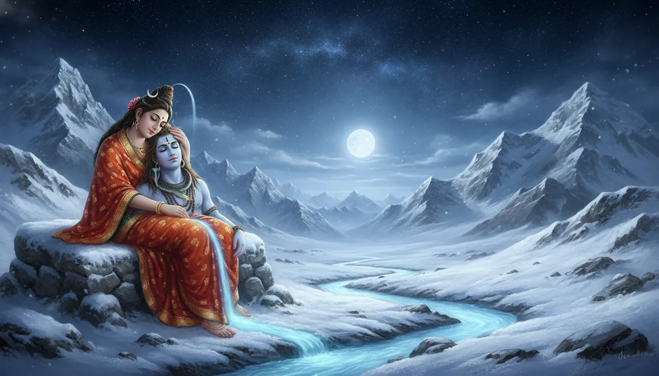 Parvati comforting Shiva against the snow-covered peaks of Mount Kailash