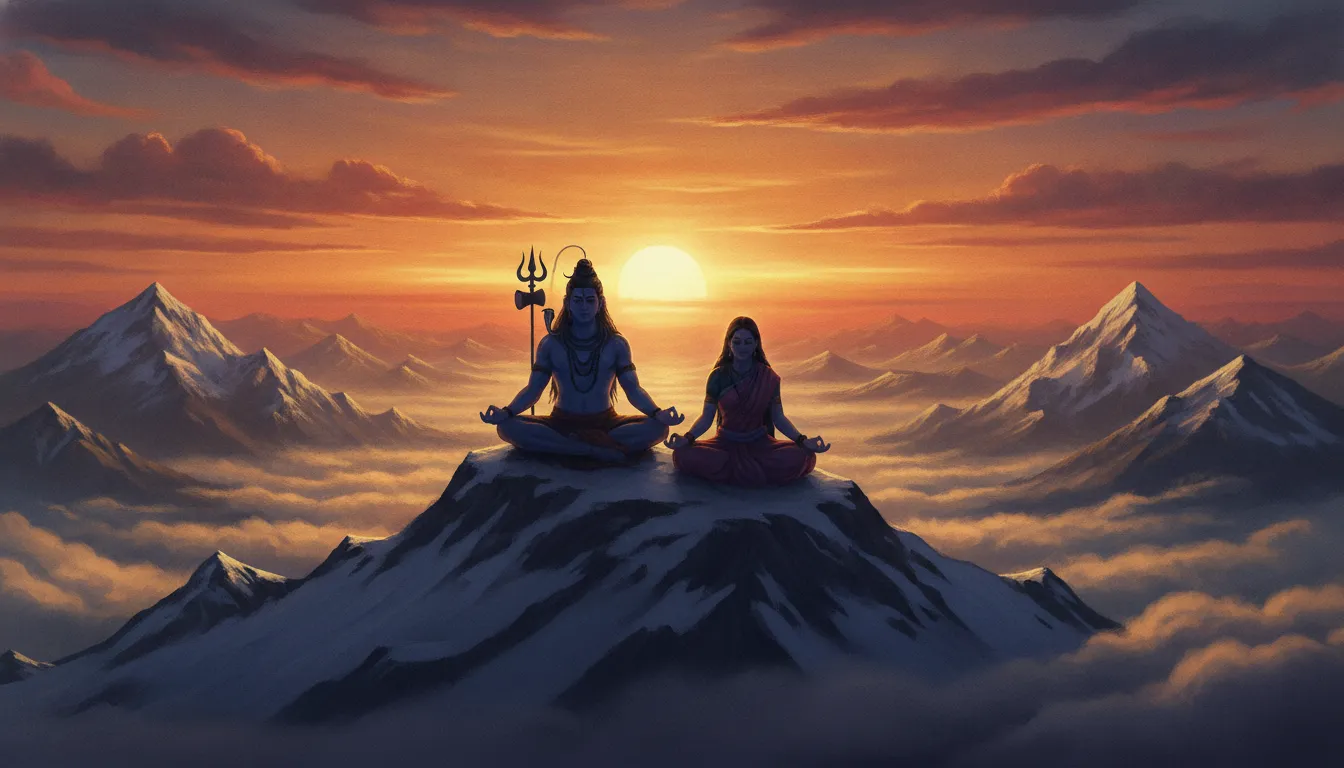 Illustration of Shiva and Parvati meditating at Mount Kailash during a golden sunset