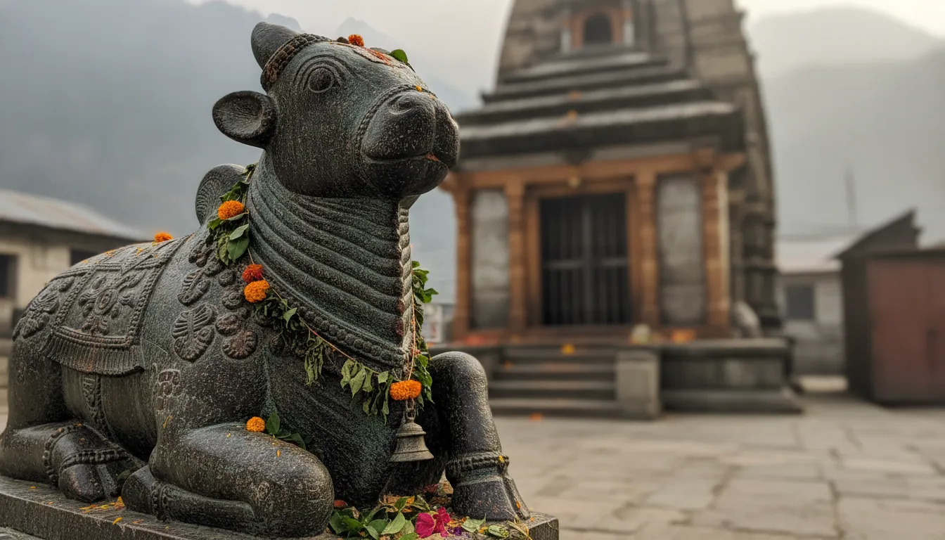 Ancient stone statue of Nandi the bull facing towards the entrance of Kedarnath temple