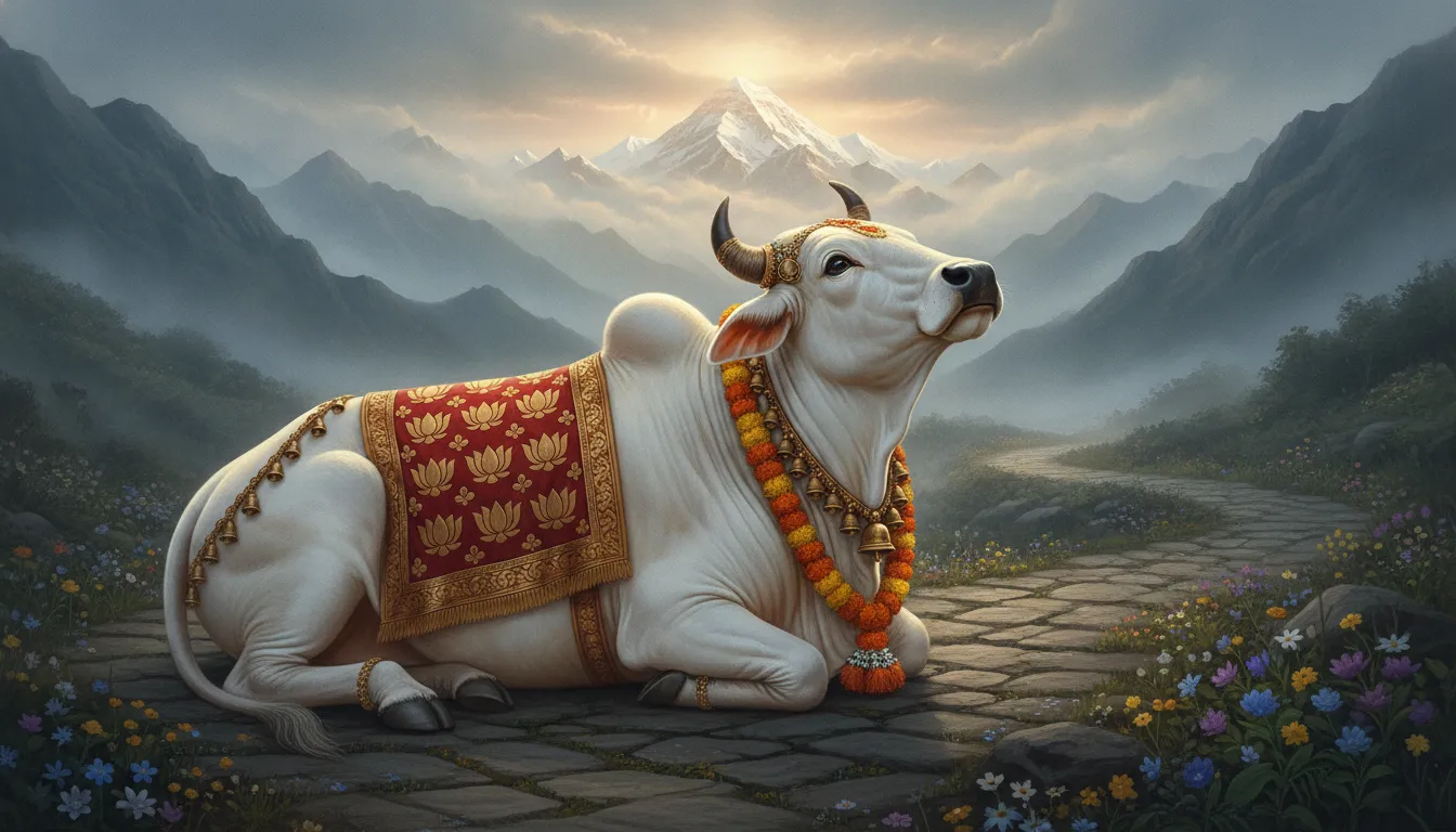Devotional artwork of the sacred Nandi bull resting on a mountain path facing Mount Kailash.