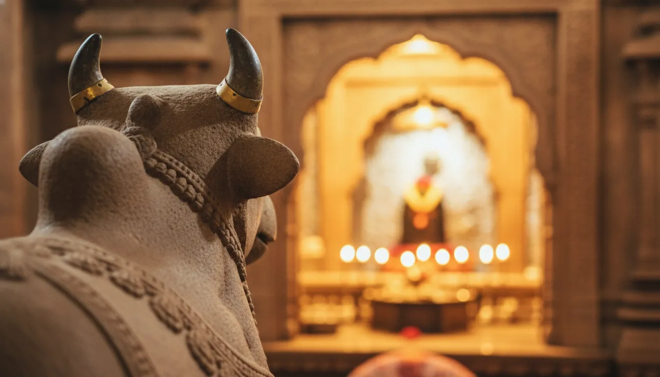 High-definition view from behind the sacred Nandi bull statue looking directly toward the Kashi Vishwanath Shivling.