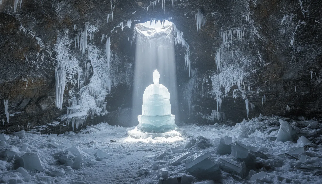 Natural ice shivling inside the sacred Himalayan Amarnath cave surrounded by snow-covered rocks.