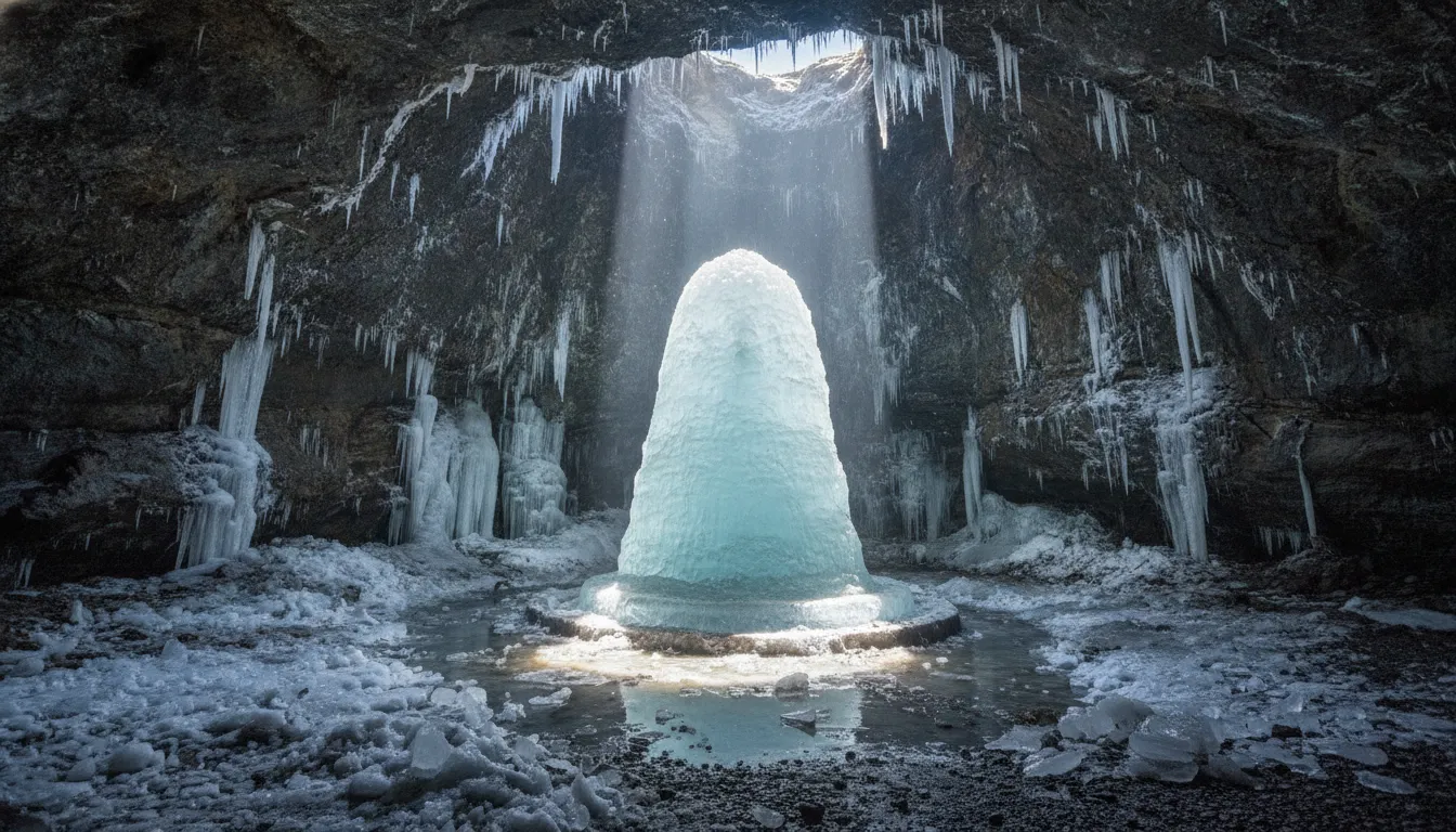 Natural ice shivling inside the sacred Himalayan Amarnath cave surrounded by snow-covered rocks.