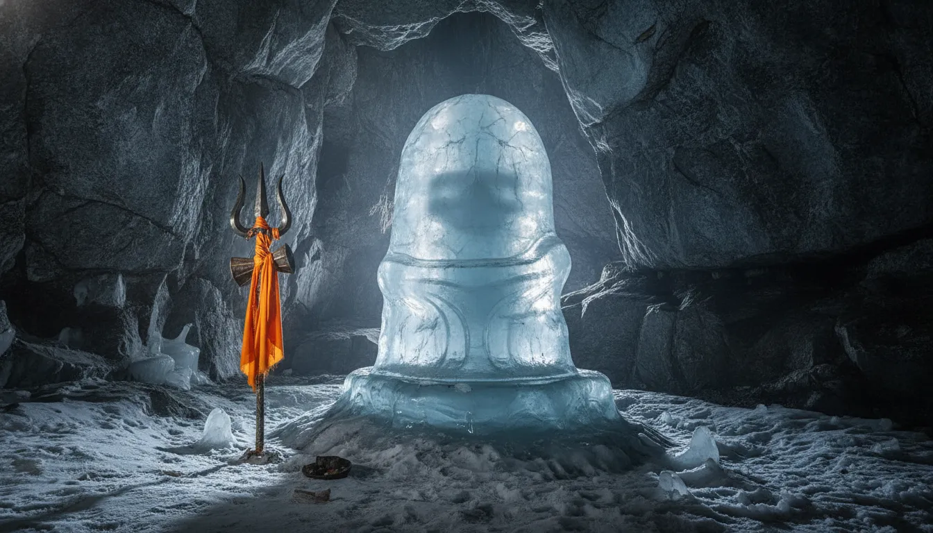 Naturally formed massive ice Shivling inside the dark rocky cave of Amarnath with a saffron flag.