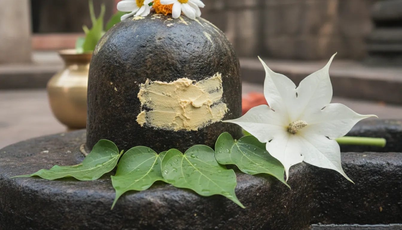 Close-up of traditional offerings like Bilva leaves, datura flowers, and sandalwood paste on the Shivling.