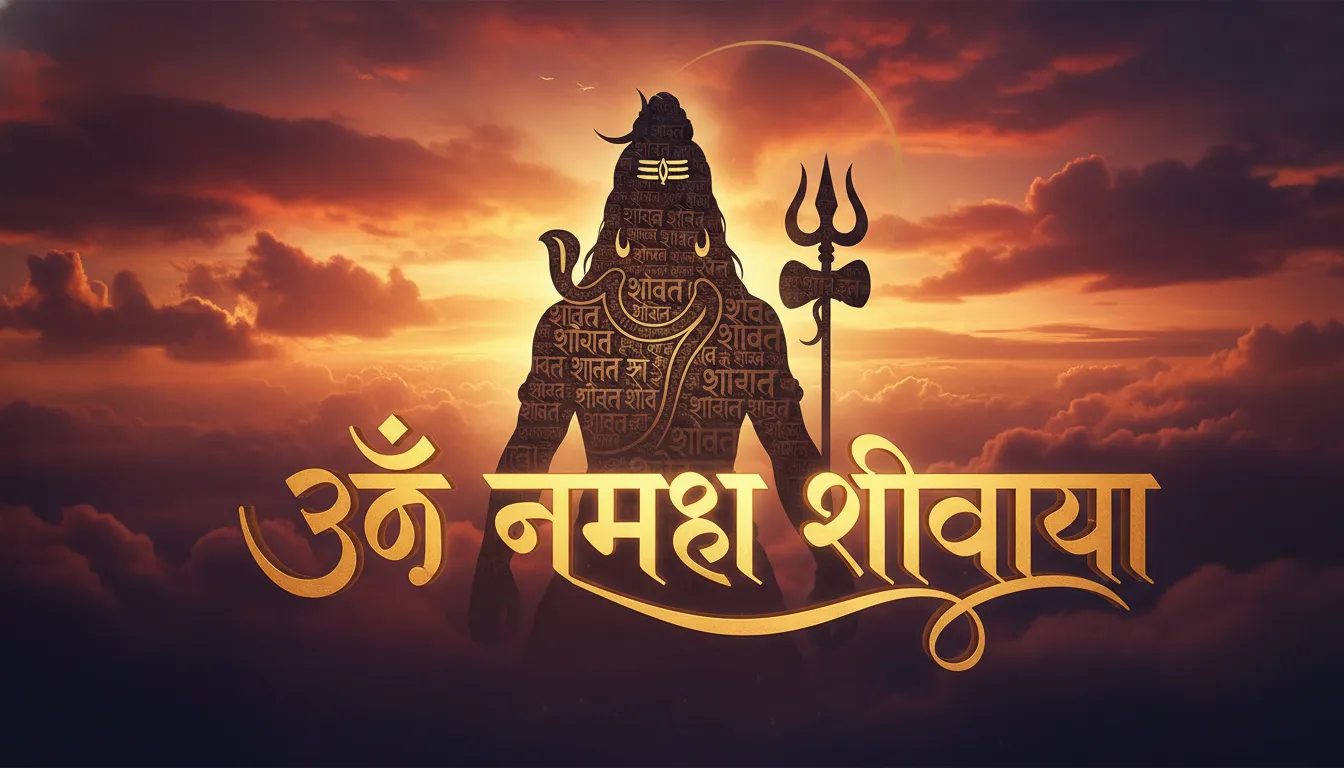 Powerful Sanskrit typography of Om Namah Shivaya mantra with Lord Shiva silhouette