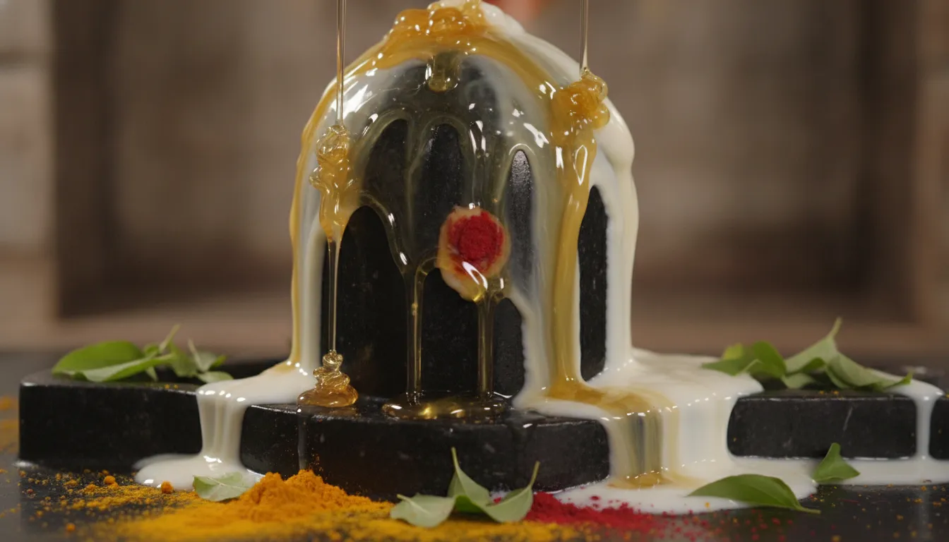 Authentic temple images of shivling in hd during the Panchamrut bathing ritual using pure honey, curd, and milk over smooth black marble.