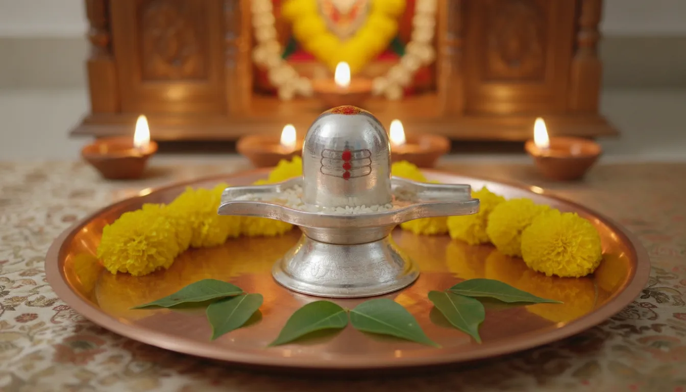 Authentic parad shivling placed on a copper plate inside a beautifully lit Hindu temple mandir for daily prayers