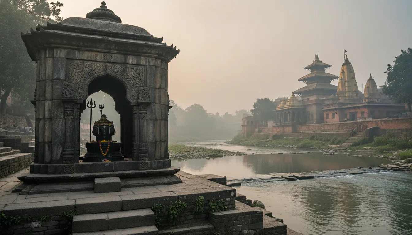 Traditional Nepalese temple shrine housing the shivling near Bagmati river Kathmandu