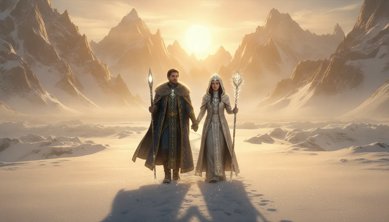 Divine couple walking hand in hand on a snowy mountain path with a glowing golden sunset in the background.