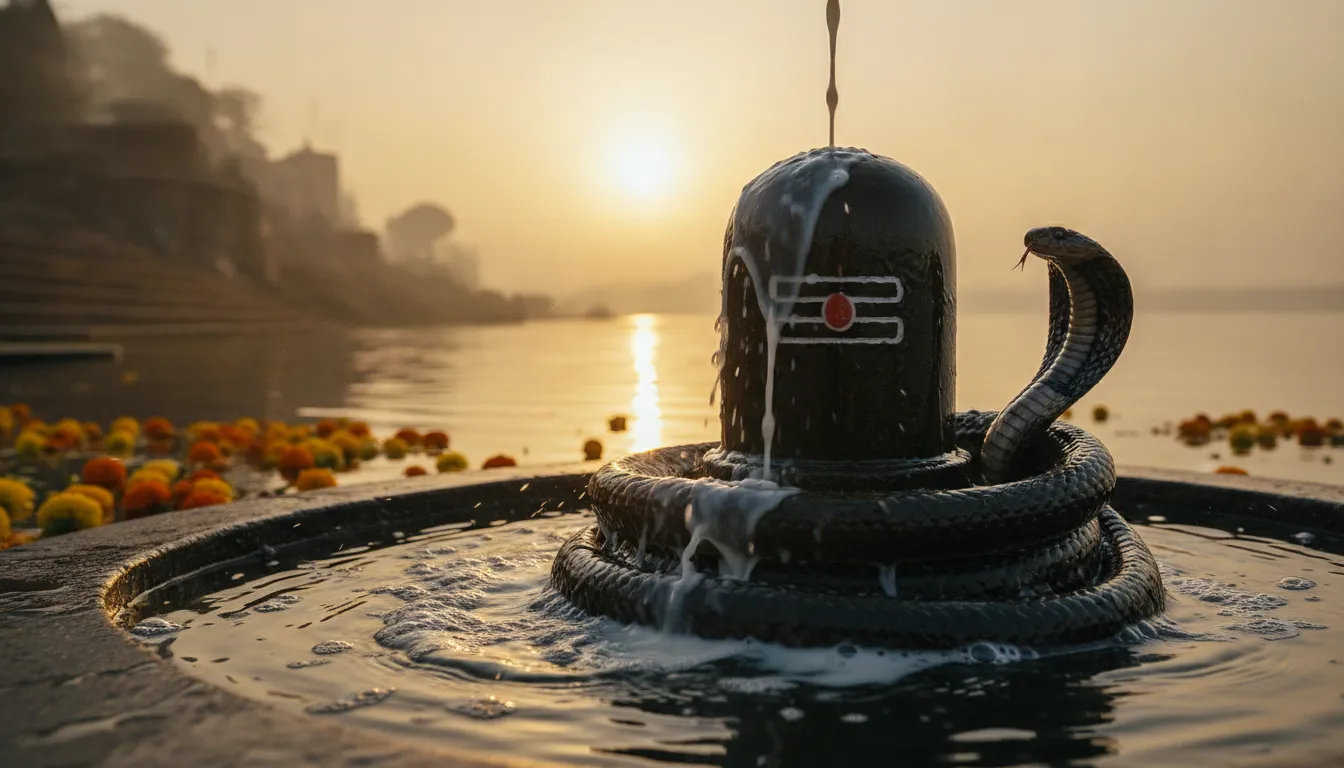 Holy water pouring over a black Shiva Lingam with a cobra coiled tightly around its base near a riverbank.