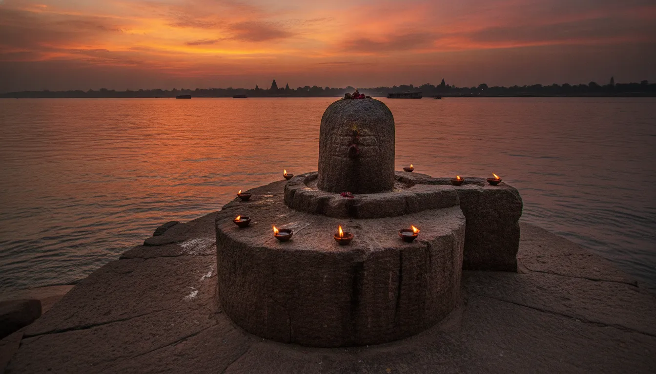 Stone Shivling on the banks of a holy river during a vibrant golden sunset.